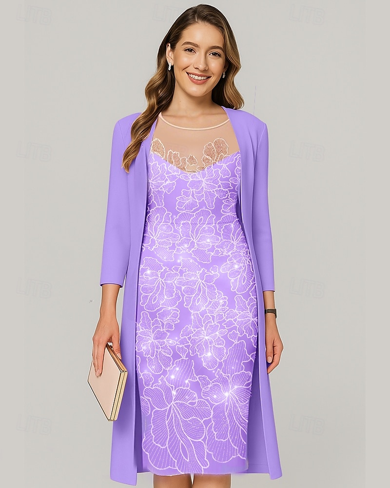 Ensembles de Robes Deux Pièces Robe Mère de la Mariée Élégante Illusion Col Longueur Genoux Chiffon Manches Mi-Longues avec Broderie de Sequins de 2025 ? $144.99 –P6