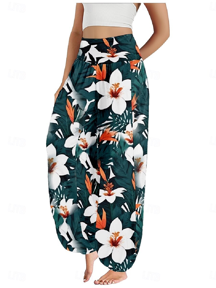 Dam Linneinspirerade byxor Brett skaft Byxor Etnisk Stil Ledigt Boho Fullängd Hög midja Blommig Löv Tropisk Ficka Elastisk midja Tryck Mateial som andas Mjuk Microelastisk Utomhus Yoga Svart Rosa 2025 - $21.99 –P4