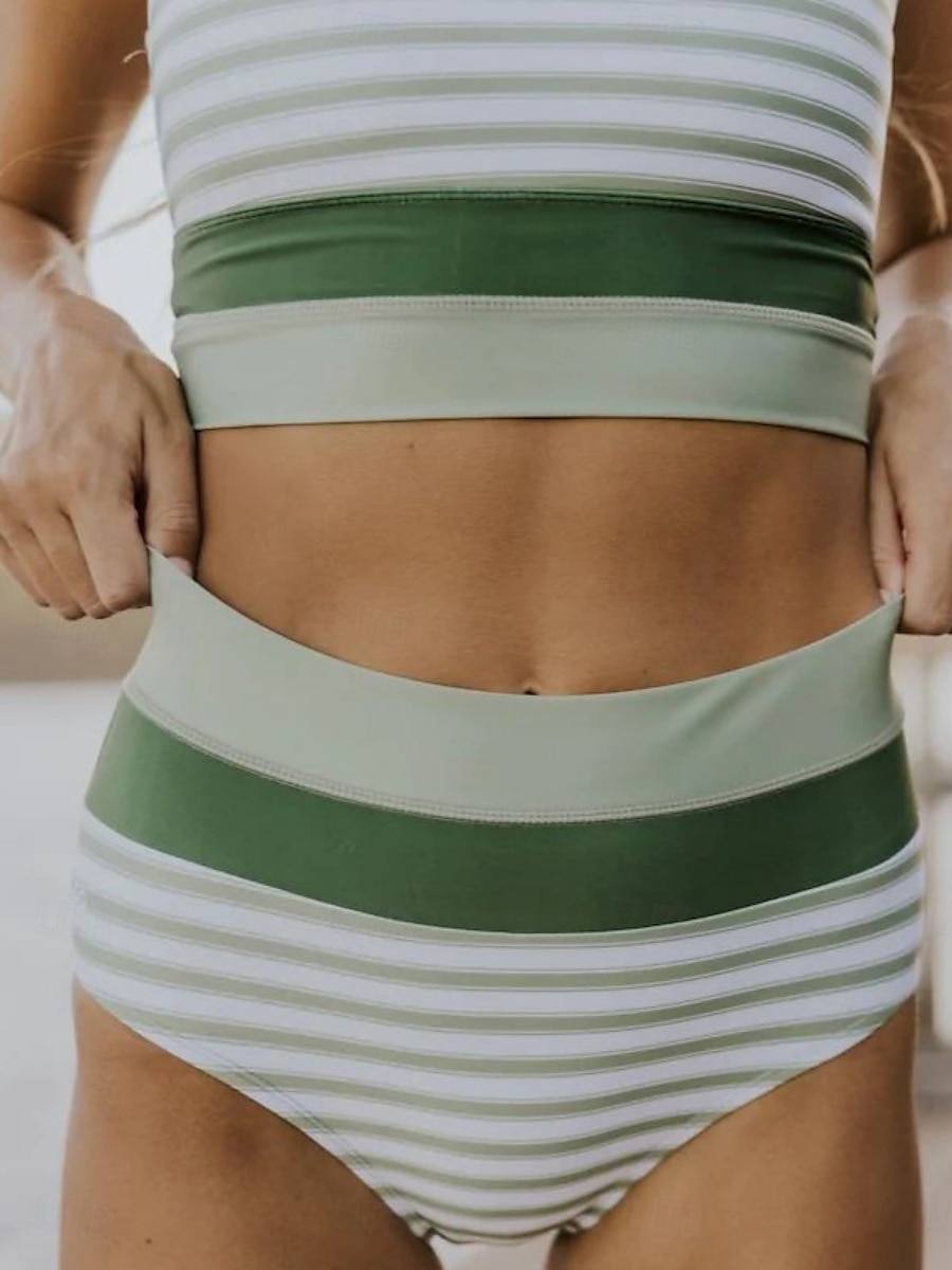 Kvinnors Baddräkter Bikini 2 Delad Troser Baddräkt Rygglös Slim Semester Strandkläder Randig U Nack Ärmlös Baddräkter 2025 - $37.99 –P2