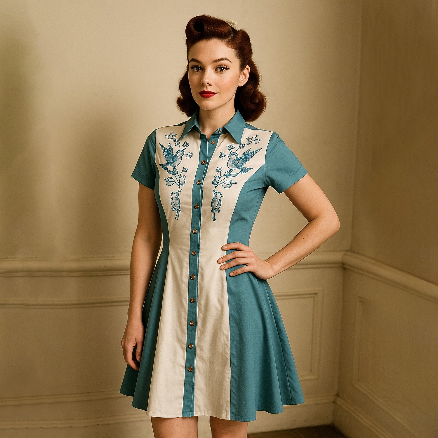 Retro / vintage Lata 50. Mini Sukienka z linii Sukienka koszulowa kowbojka Zapięcie na guziki Druk 3D Strój na bal maskowy Damskie Bal maskowy Urlop Codzienny Herbaciane przyjęcie Dla dorosłych 2026 - $29.99 –P1