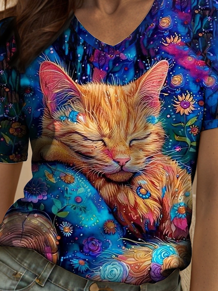 Femmes T-shirt Fleuri Graphique Animal ancien Élégant Classique Manche Courte Col en V Hauts Réguliers Quotidien Imprimé Arc-en-ciel Été Printemps de 2025 ? $19.99 –P3
