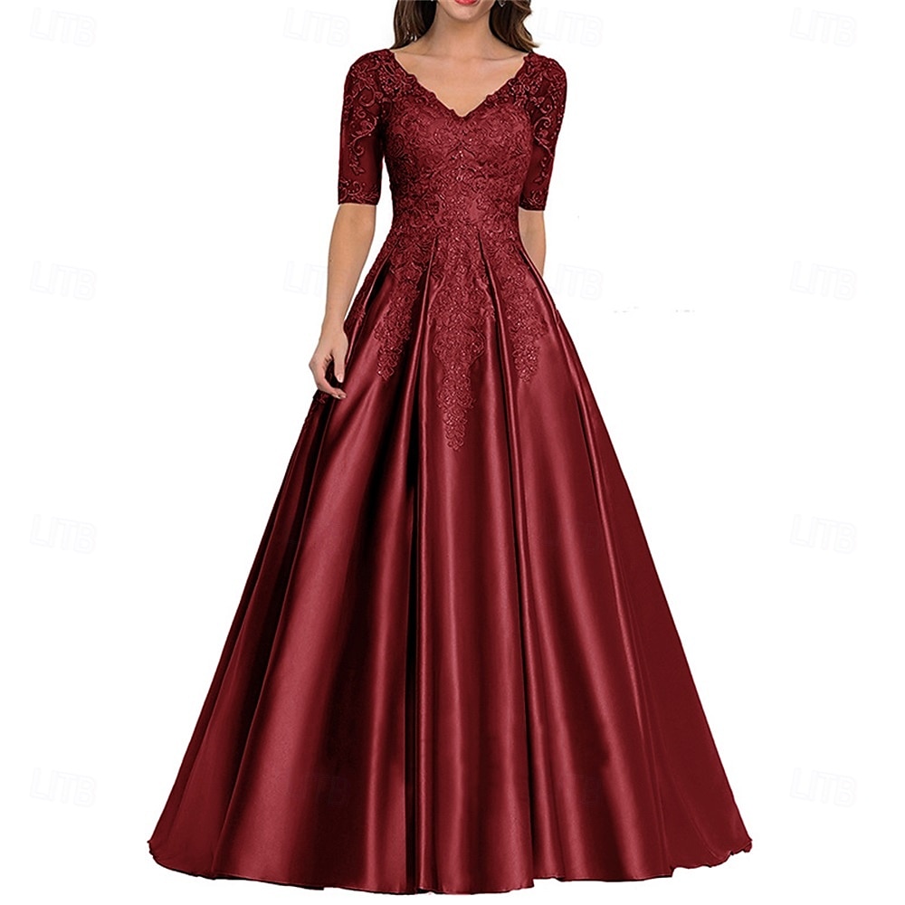 Robe Robe de Mère de Mariée  Élégant ancien Col en V Longueur au sol Polyester Manche Courte avec Couleur Unie 2025 de 2025 ? $109.99 –P6