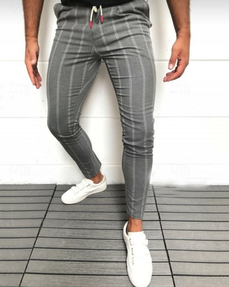 בגדי ריקוד גברים חליפות סקיני מכנסיים צ'ינו כפתורים כיס פסים קומפורט רשמי מפלגה עבודה אופנתי סגנון קלאסי שחור לבן מיקרו-אלסטי 2026 - $22.39 –P3