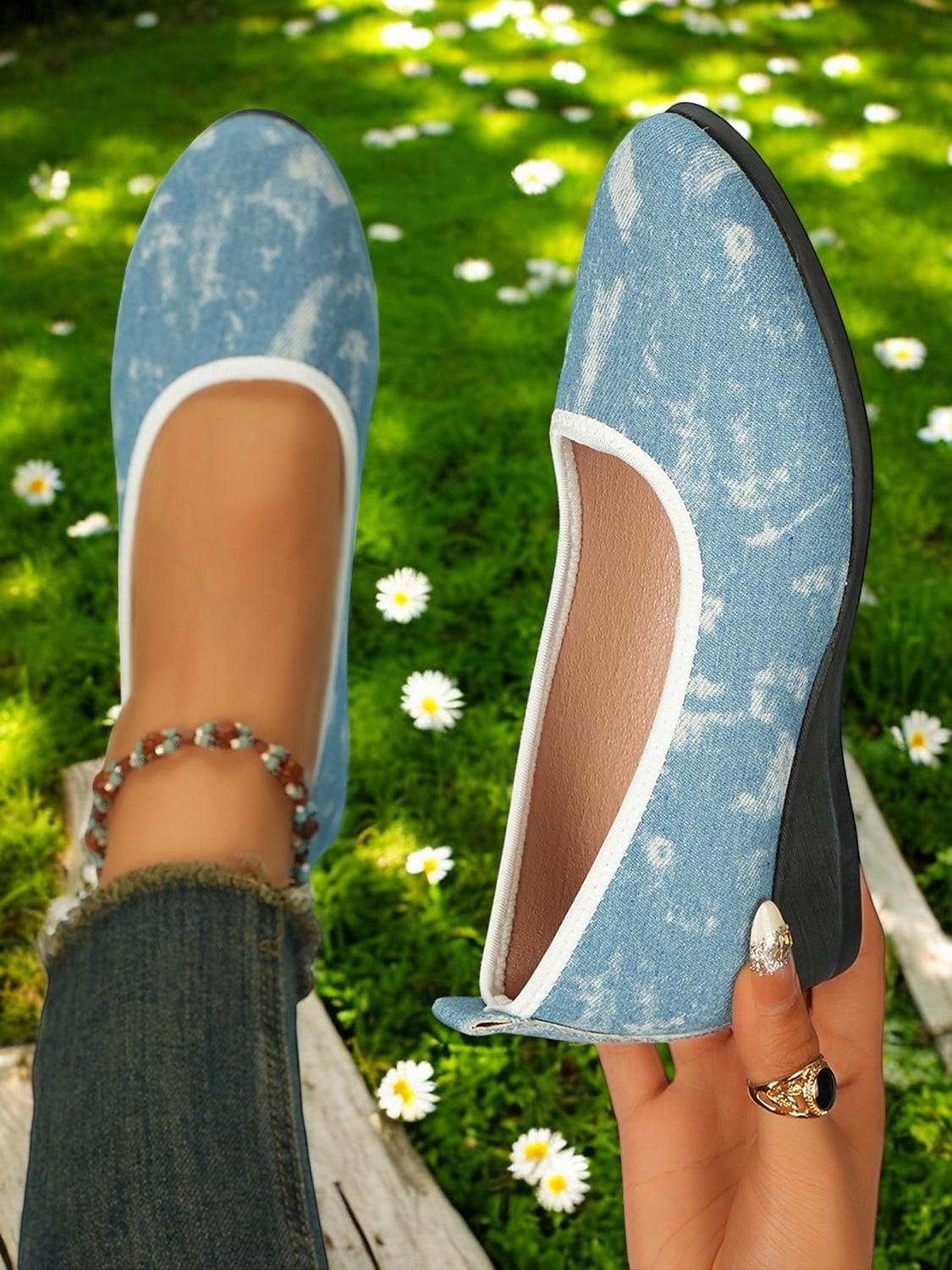 pantofi cu pană de balet din denim pentru femei – pantofi confortabili cu vârf rotund pentru ieșiri casual, picnicuri de primăvară și plimbări în grădină 2025 - $19.99 –P6