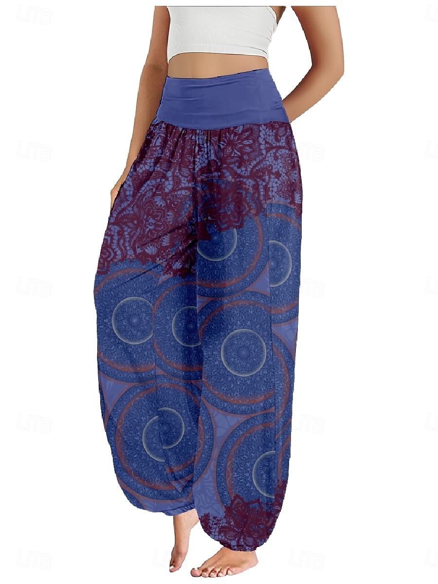 Dam Linneinspirerade byxor Brett skaft Byxor Etnisk Stil Ledigt Boho Fullängd Hög midja Grafiska tryck Ficka Elastisk midja Tryck Mateial som andas Mjuk Microelastisk Utomhus Yoga Svart Blå Purpur 2025 - $21.99 –P4
