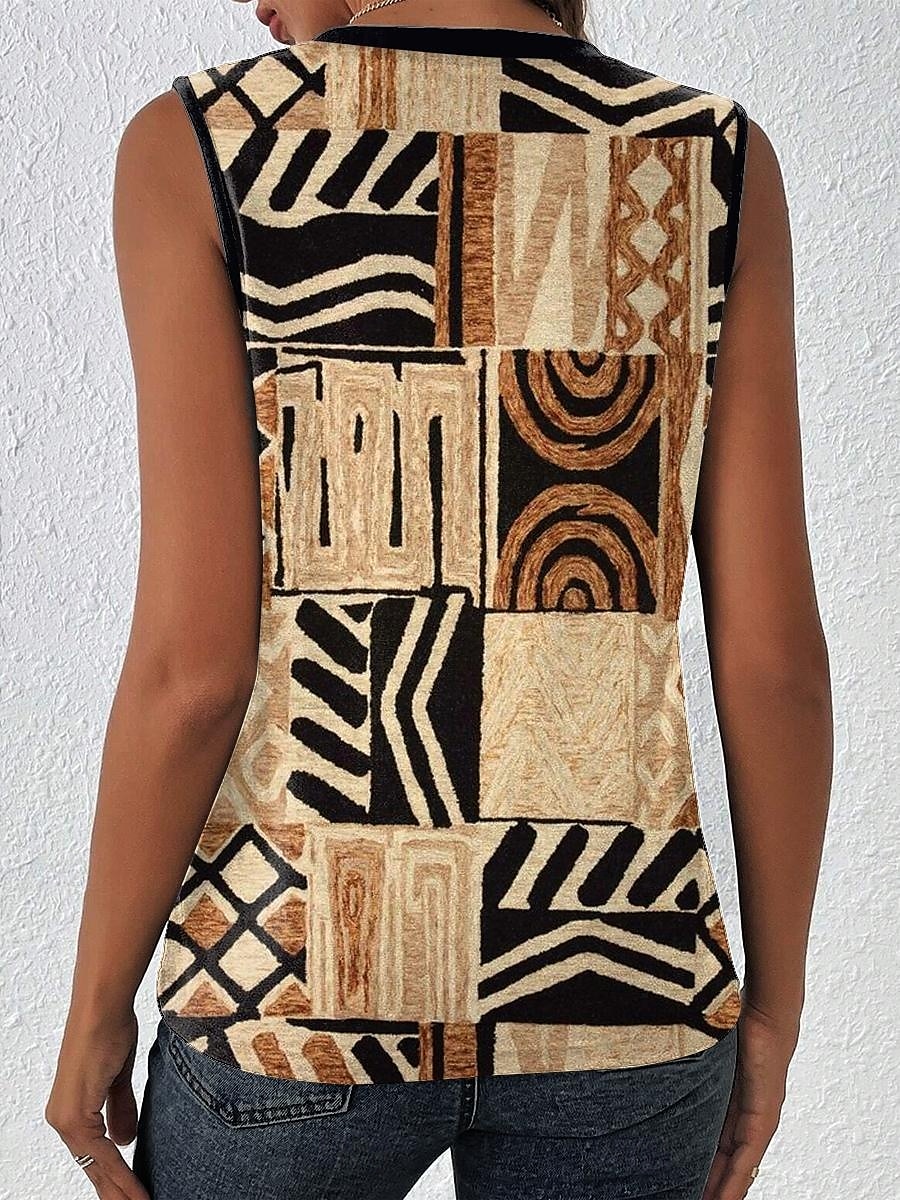 Damen Tanktop mit Spaghetti-Trägern Grafik Geometrisch Lässig Ärmellos V-Ausschnitt Reguläre Tops Print Braun Sommer Frühling 2025 - $17.99 –P2