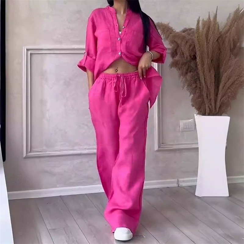 Women's Fashion Streetwear Cotton Linen Sets Two Piece Sets Pants Sets Long Sleeve Stand Collar Plain Daily Wear Date White Yellow Pink Summer Regular Fit 2025 - $36.99 –P6