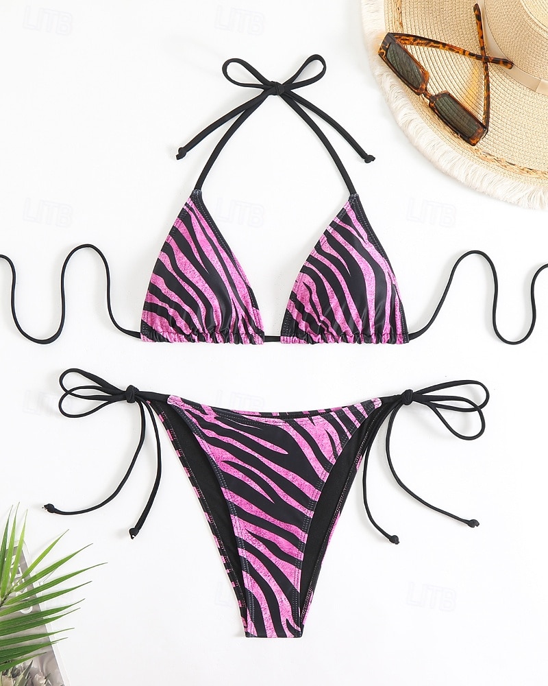 Femmes Maillots de Bain Bikini 2 pièces Maillot de bain Dos nu Tropical Tenues de plage Motif Zèbre Col Halter Sans manches Maillots de bain de 2025 ? $22.99 –P11
