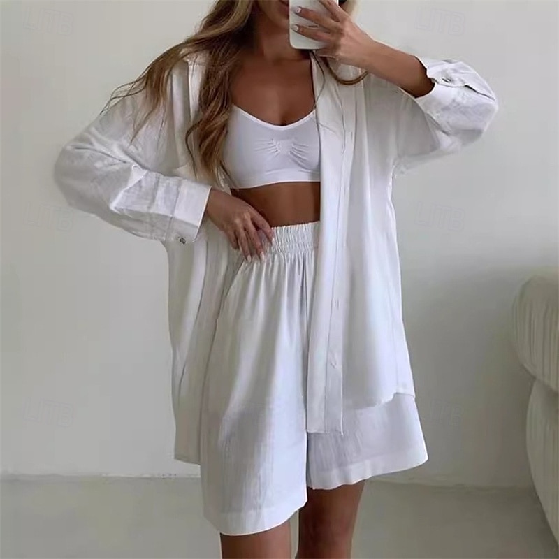 Women's Fashion Streetwear Shirt Cotton Linen Sets Two Piece Sets Long Sleeve Shirt Collar Plain Daily Wear Date White Blue Green Summer Regular Fit 2025 - $36.99 –P2