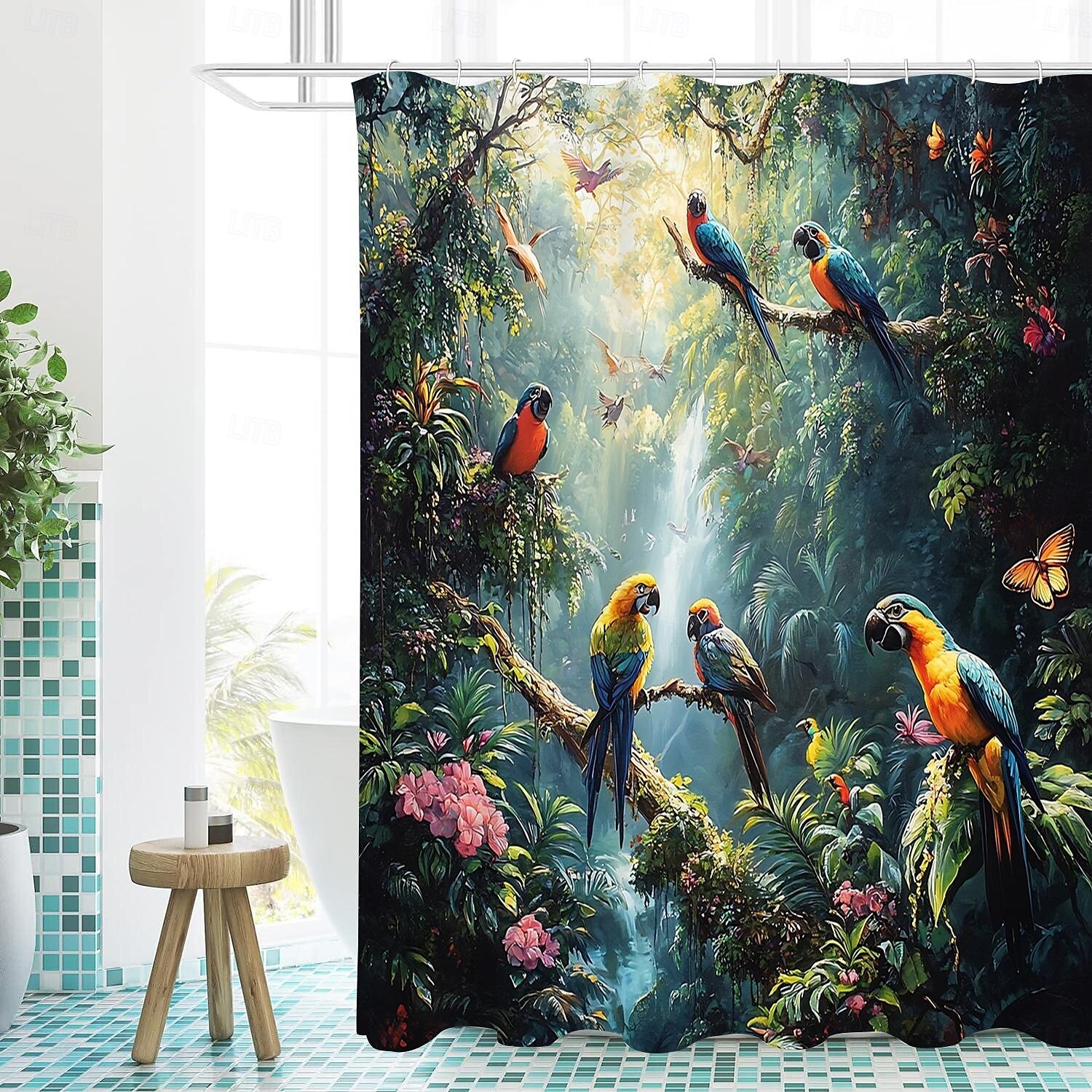 Κουρτίνα Ντους με 12 Γάντζους 180cm*180cm(70"*70") Πλυμένος Πολυεστέρας Μηχανικής Πλύσης Αδιάβροχος Τροπικό Φύλλο Ζώου Σχέδιο Φύλλου 2025 - $18.49 –P11