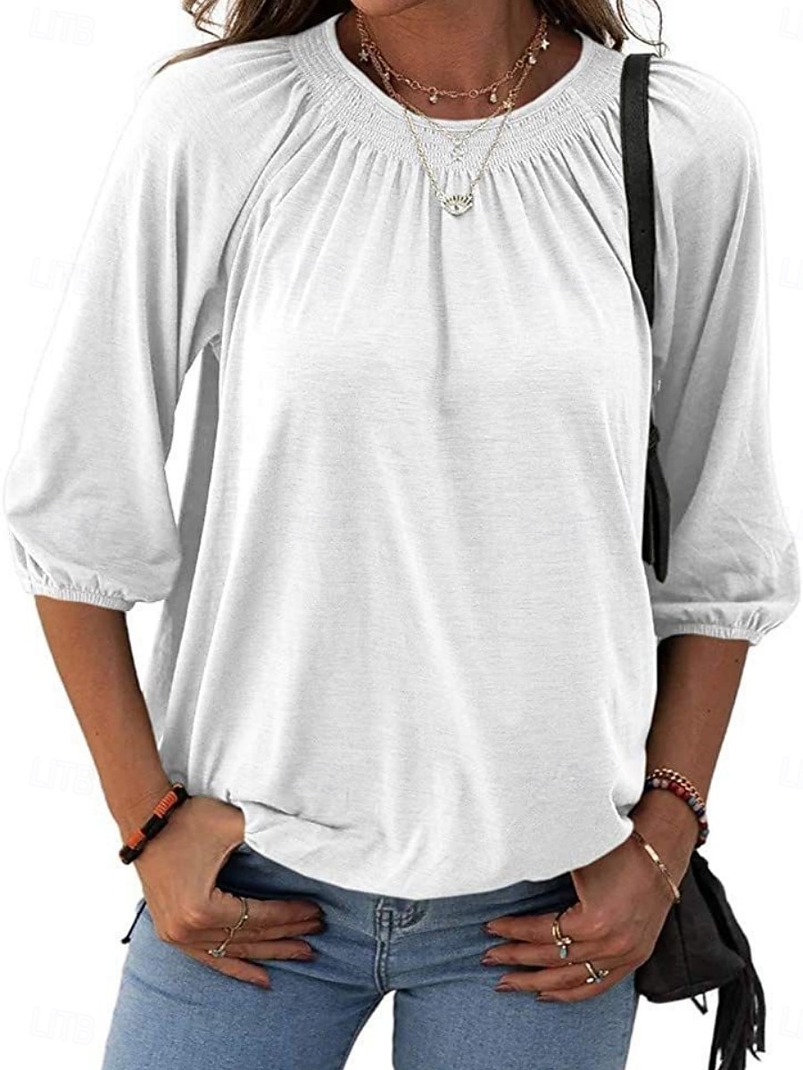 Femmes T-shirt Uni Mode Moderne Manche 3/4 Col ras du cou Hauts Réguliers Quotidien Noir Blanche Rose Claire Vin Vert Véronèse Été de 2025 ? $12.99 –P4
