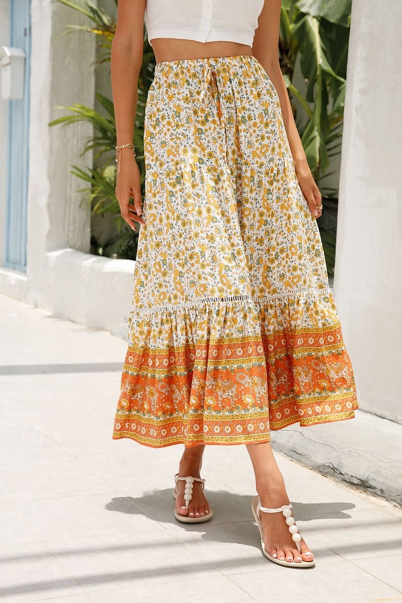 Pentru femei Fustă Boemia Casual Boho Maxi Talie Medie Fuste Floral Imprimeu Micro-elastic Vacanță Stradă Migdală Roșu-aprins Albastru piscină Portocaliu Vară Celofibră 2025 - $21.99 –P12