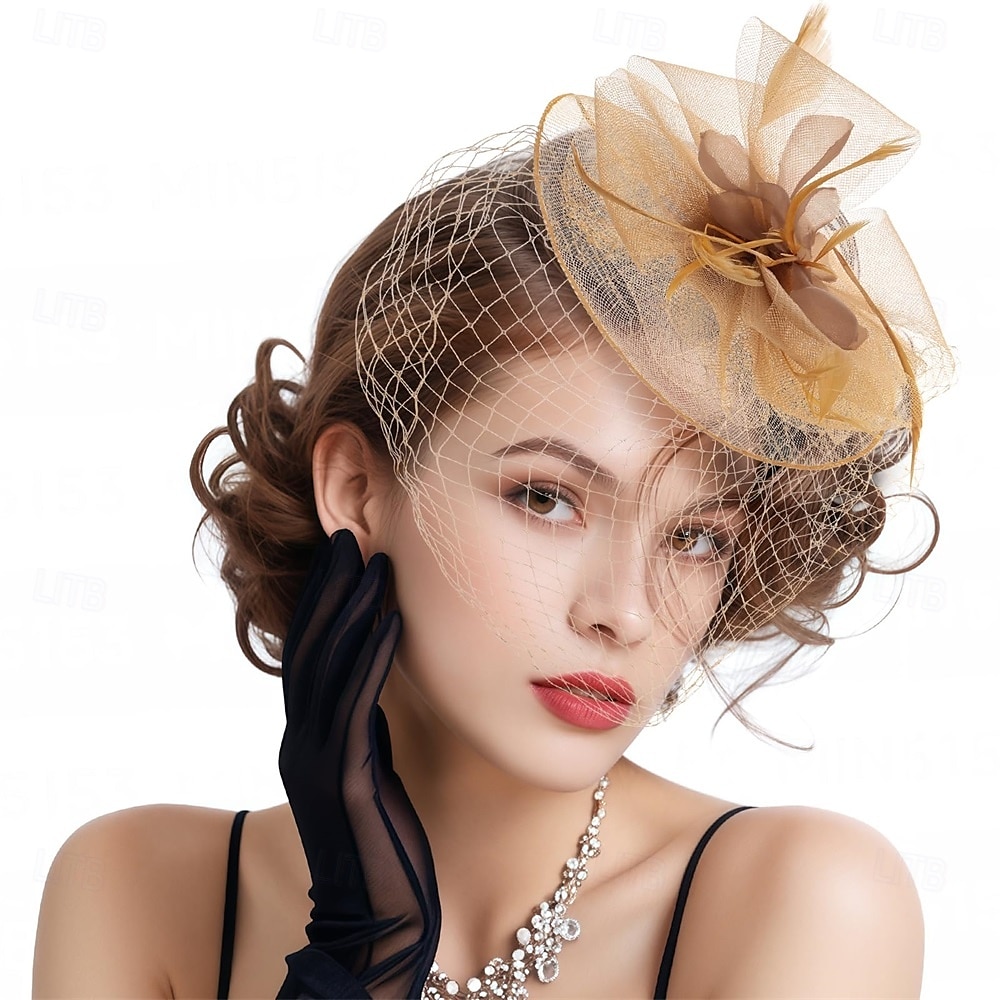 Cappelli fascinator per donna, nastri di maglia a fiori, piume su una fascia e una clip, copricapo da festa da tè per donna del 2025 a $35.99 –P1