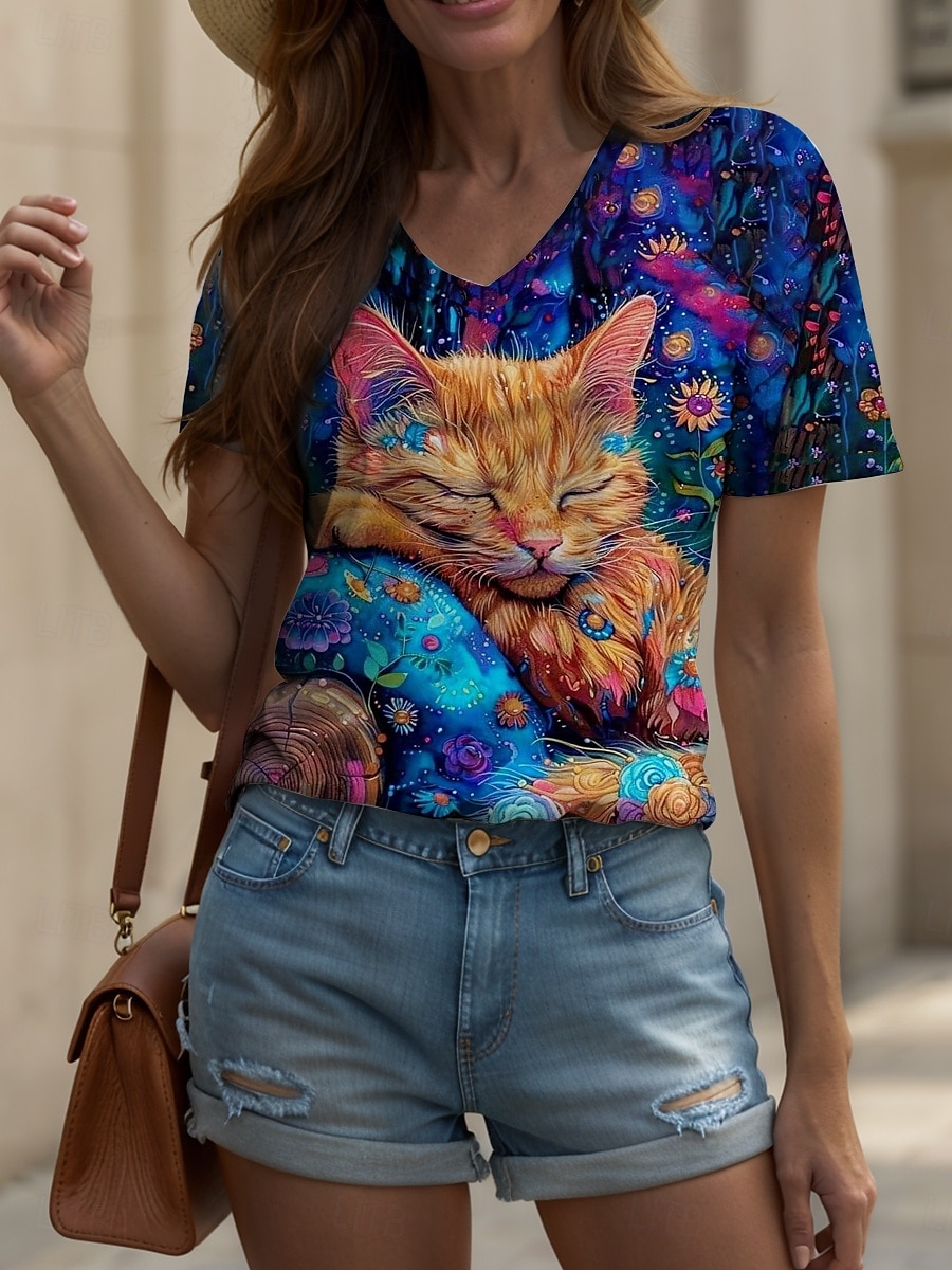 Femmes T-shirt Fleuri Graphique Animal ancien Élégant Classique Manche Courte Col en V Hauts Réguliers Quotidien Imprimé Arc-en-ciel Été Printemps de 2025 ? $19.99 –P5