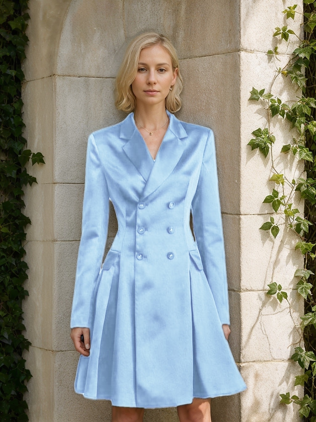 Vestido de la Madre de la Novia A-Line Vestido Tuxedo Vestido de Invitada de Boda Elegante Simple Lujoso Blazer Cuello con Solapas Largo hasta la Rodilla Satén Manga Larga con Pliegues y Bolsillos 2025 - $179.99 –P7