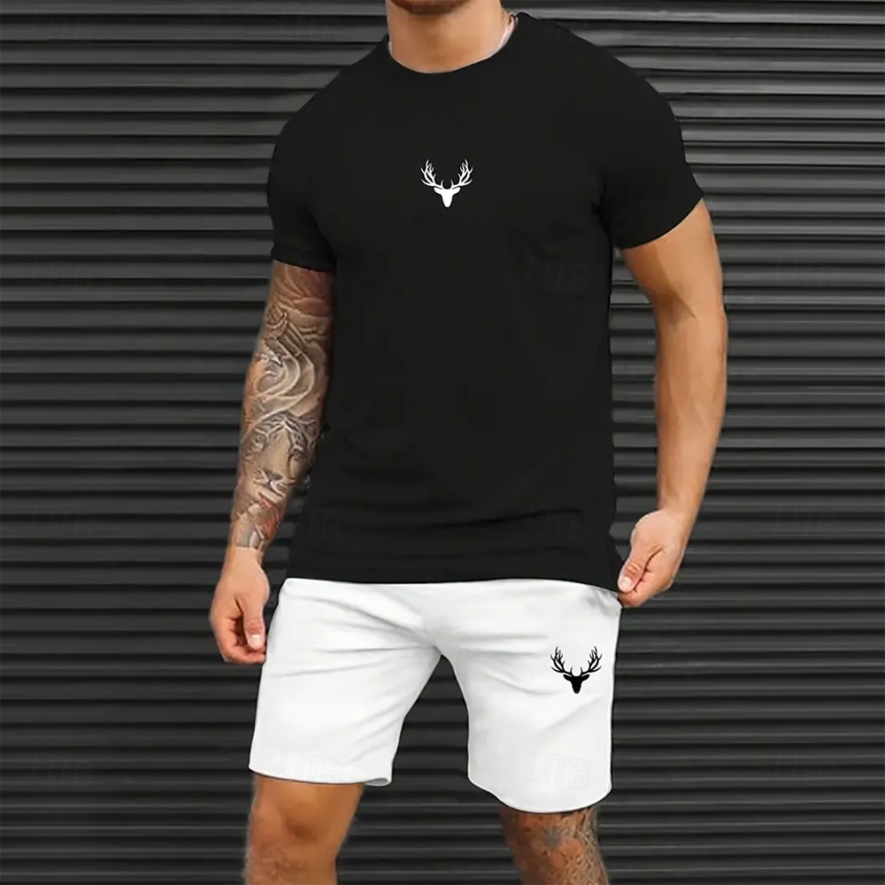 Homens Veado 2pcs Conjuntos de camisetas Manga Curta Calças curtas Gola Redonda Casual Esporte Casual Diário Impressão 3D Verão Preto-branco de 2026 por $26.99 –P1