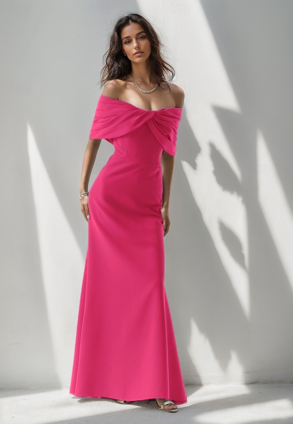 Robe de soirée sirène rose bleue élégante Robe formelle longueur de sol sans manches épaules dénudées crépon extensible avec nœud(s) ruché de 2025 ? $134.99 –P4