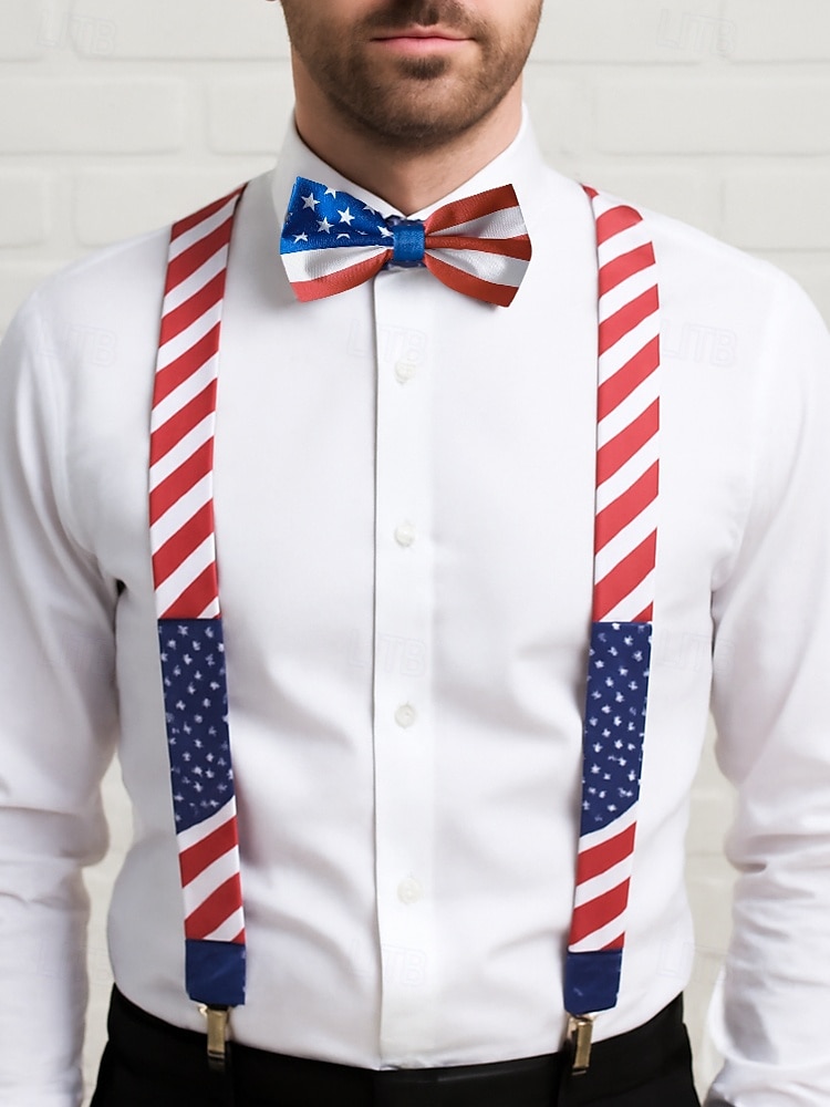 Men's American Flag Suspenders and Bow Tie Set – Patriotic Adjustable Y-Back Braces with Clips, Stars and Stripes Design, Independence Day 4th of July Outfit Accessory 2025 - $11.99 –P1