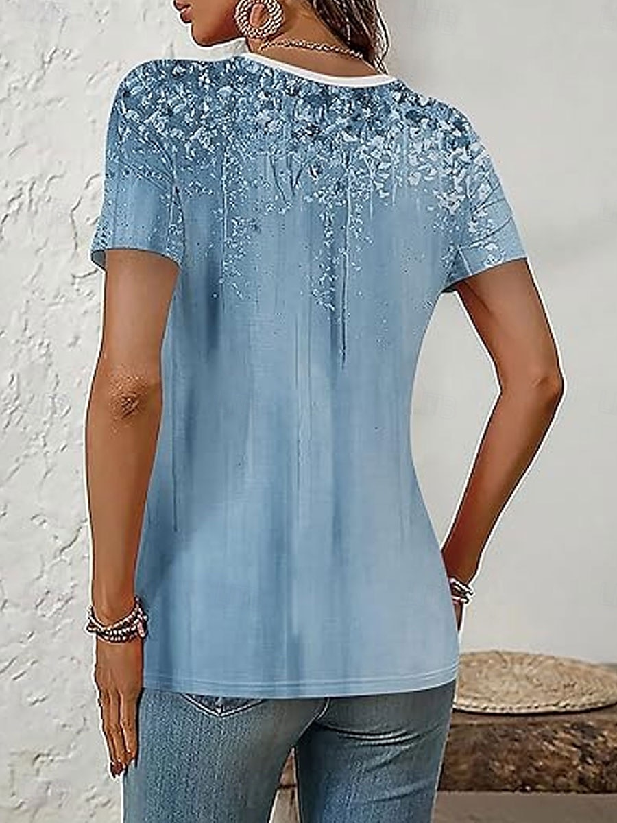 Damen T Shirt Ombre Grafik Marmor Elegant Stilvoll Kurzarm Rundhalsausschnitt Rundhals Normale Oberteile Täglich Ausgehen Patchwork Knöpfe Gestuft Rosa Blau Purpur Grün Sommer Frühling 2025 - $23.99 –P5