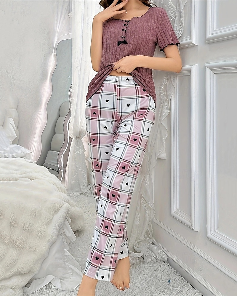 Dame Pyjamas Pyjamas Sett Varm Mote Fritid Gitter / Teppe Knapper T skjorte Bukse Hjem Daglig Seng Kortermet Crew-hals Lilla Sommer Vår Skreddersydd 2025 - $29.99 –P5
