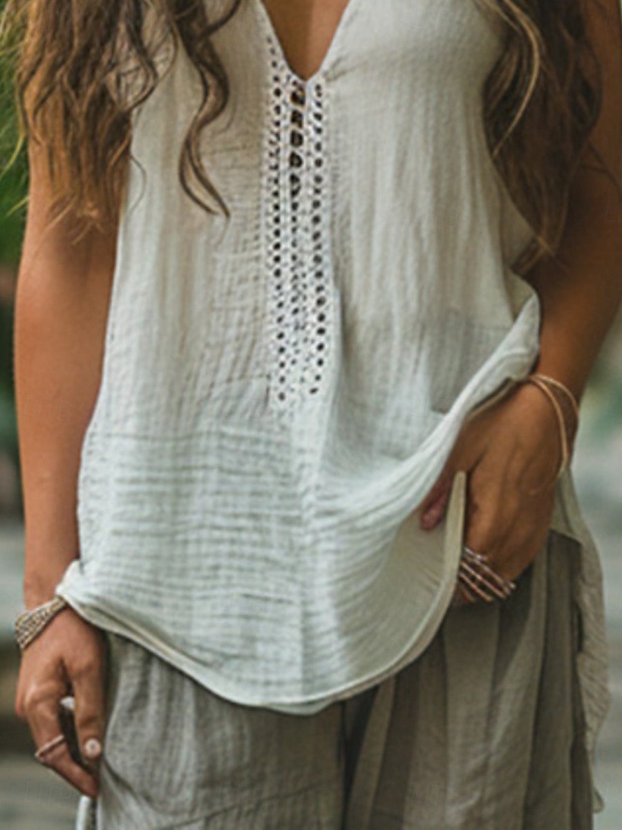 Women's Linen-Inspired Shirts Camisole Tank Top Plain Retro Vintage Ethnic Sleeveless Strap Regular Tops Daily Patchwork White Summer 2025 - $17.99 –P2
