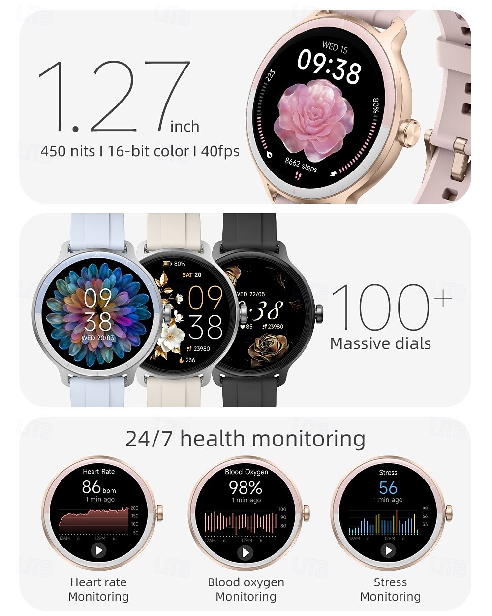 2025年 696 DR03 スマートウォッチ 1.27 インチ スマート·ウォッチ ブルートゥース 歩数計 着信通知 睡眠サイクル計測器 と互換性があります Android iOS 女性 男性 ハンドフリーコール メッセージ受信通知 IPX-0 40mmの時計ケース コレクション – $59.99 –P2