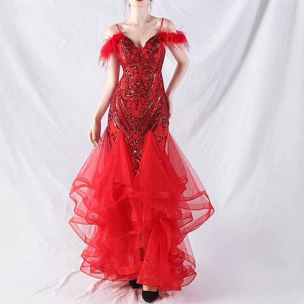 Abiti Quinceanera Mermaidi  Trumpet in Paillettes Elegante Abito Formale Semi Formale Matrimonio Lunghezza P_avimento Senza Maniche Scollo a V Tulle Volant con Piume del 2025 a $139.99 –P16