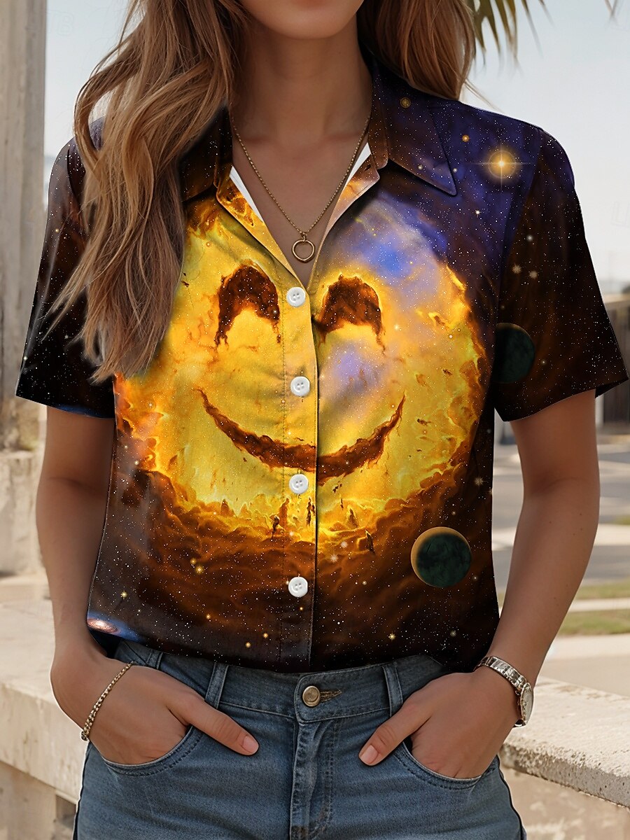 Galaxy Smile von Vincent Hie Damen Hemd Langarm Button-Down Bluse Grafik Geometrisch Vintage Stilvoll Lässige Kurzarm Hemdkragen Reguläre Tops Alltag Gelb 2025 - $26.99 –P1