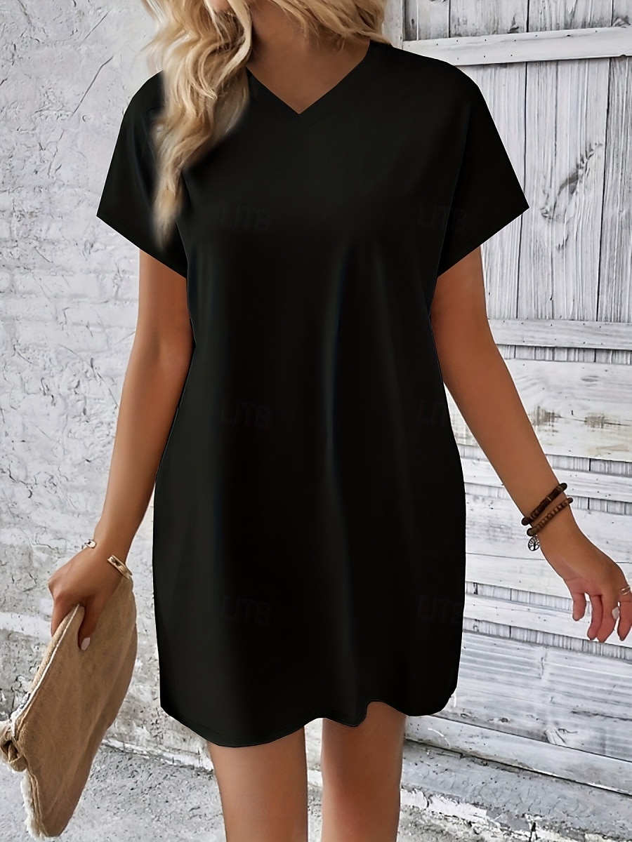 Damen Mini Kleid T-Shirt Kleid Tee Kleid einfarbig Sommer Kleid lässig täglich reguläre Passform Grafik Kurzarm V-Ausschnitt Schwarz Rot Olivgrün Aprikose Sommer 2025 - $19.99 –P7