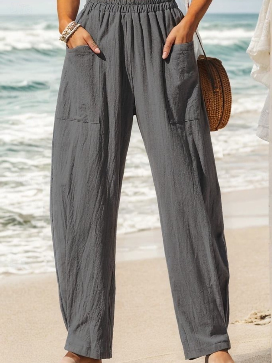 Women's Cotton Linen Pants Baggy Pants Solid Color Vintage Fashion Streetwear Full Length High Waist Plain Pocket Elastic Waistband Comfy Soft Comfortable Micro-elastic Outdoor Vacation Street 2025 - $22.99 –P3