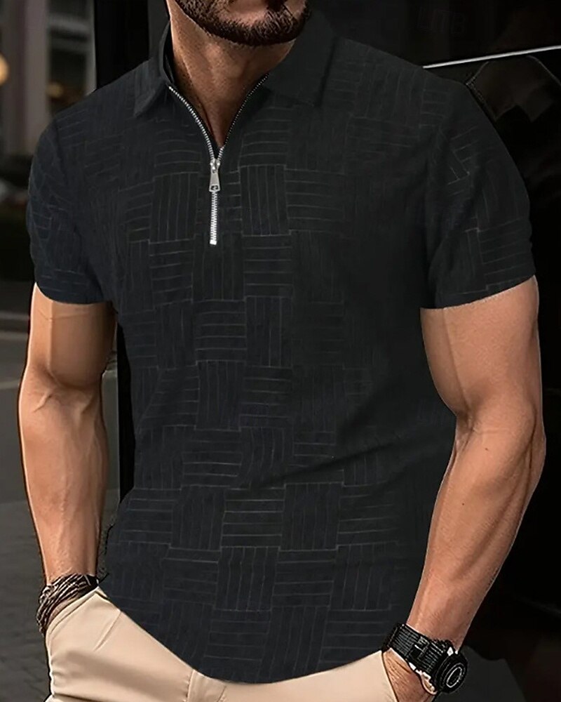 Men's Quarter Zip Polo Golf Shirt Daily Holiday Lapel Short Sleeve Fashion Basic Plain Jacquard Summer Regular Fit Black White Sky Blue Khaki Quarter Zip Polo 2025 - $20.99 –P9