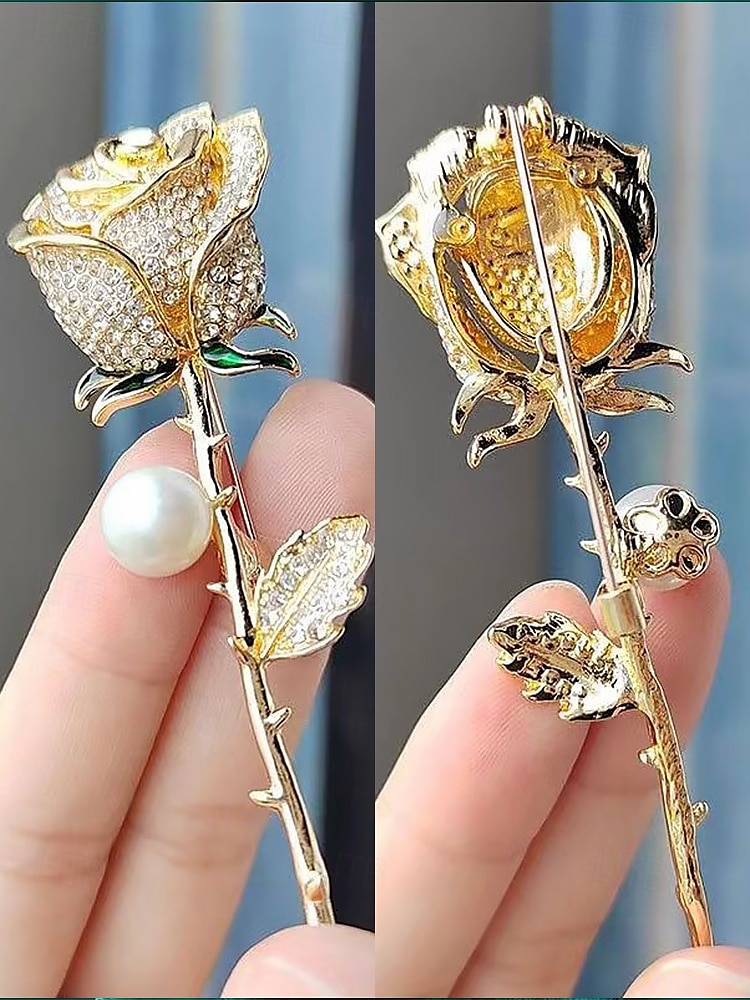 elegante Rosenblütenbrosche mit Perle – mit Strasssteinen besetzte Vintage-Anstecknadel für Damen, ideal als Muttertagsgeschenk, für formelle Anlässe und Blazer 2025 - $9.99 –P8