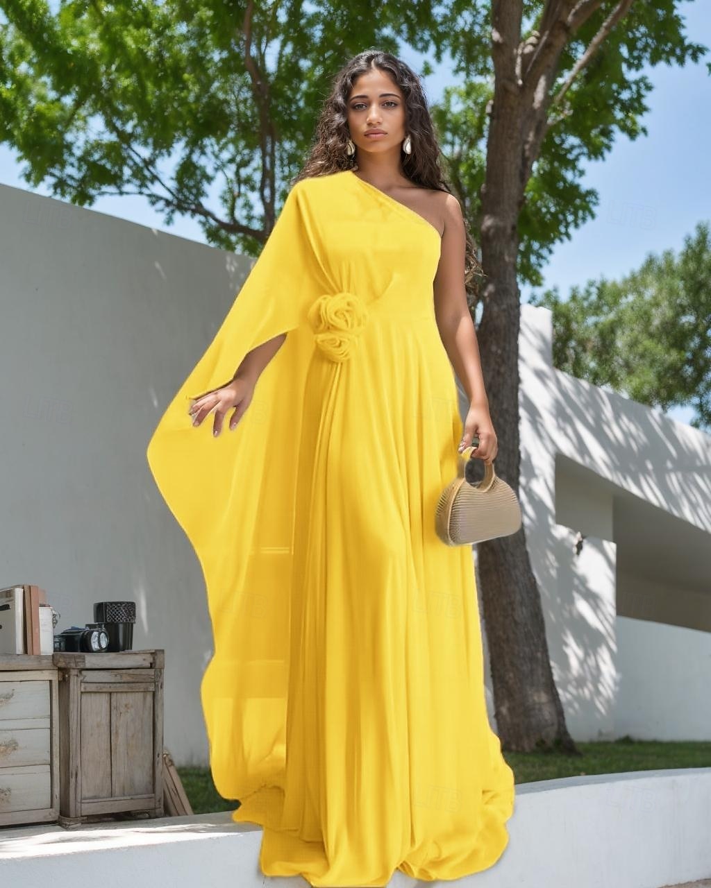 Robes de mariée Sirène  Trompette Une épaule Sans manches Longueur de sol en mousseline de soie Robes de mariée avec fleurs de 2025 ? $182.99 –P6