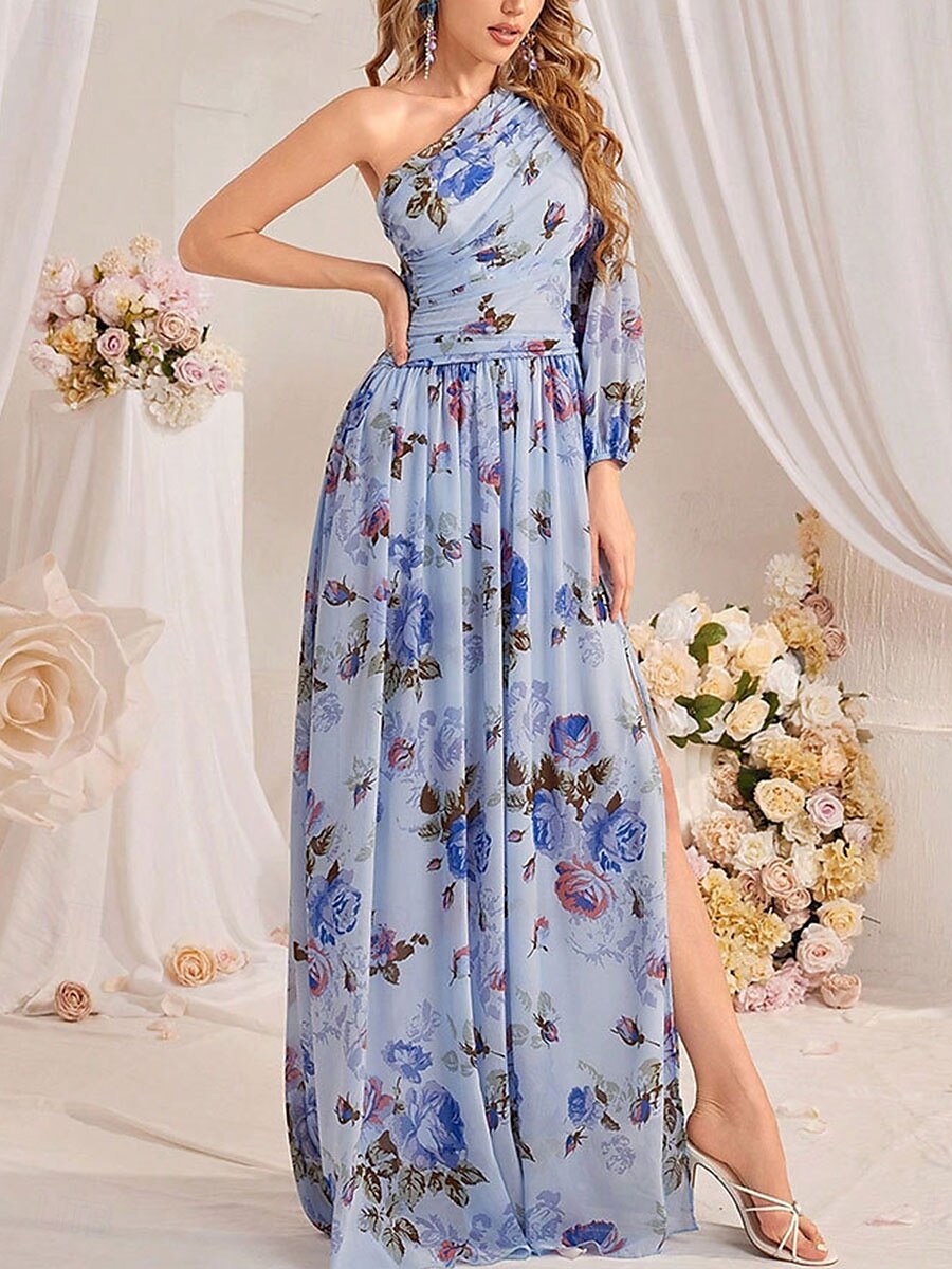 Brautjungfernkleider A-Linie Ein-Schulter Langarm Bodenlang Chiffon Brautkleider Mit Falten Floralprint 2025 - $79.99 –P4