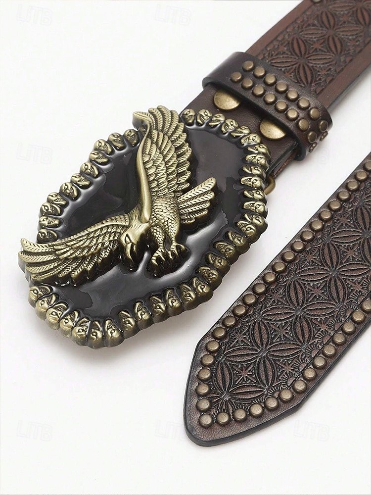 Men's Western Style Leather Belt with Eagle Buckle – Vintage Embossed Design with Rivets, Ideal for Casual and Country Wear 2025 - $18.99 –P4