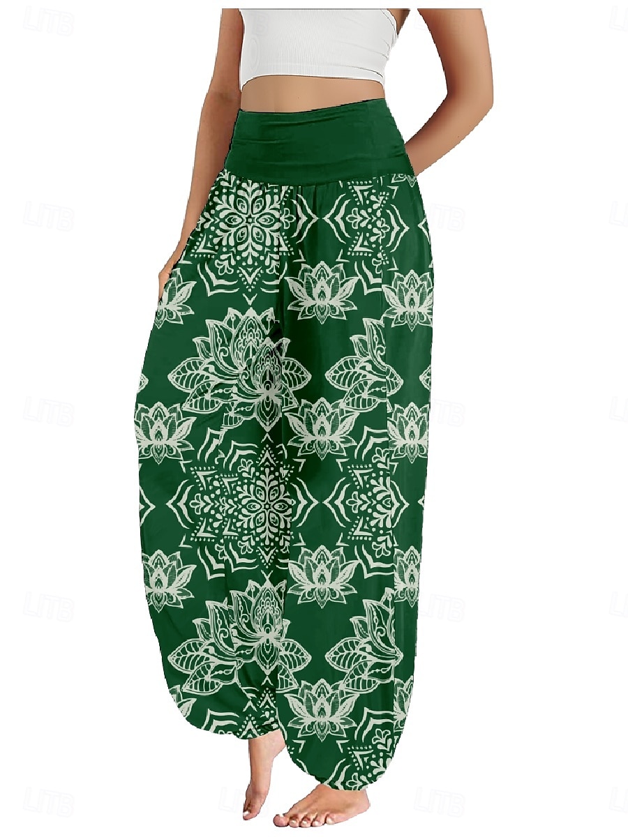 Dam Linneinspirerade byxor Brett skaft Byxor Etnisk Stil Ledigt Boho Fullängd Hög midja Blommig Paisley Ficka Elastisk midja Tryck Mateial som andas Mjuk Microelastisk Utomhus Yoga Röd Blå Mörkgrön 2025 - $21.99 –P4