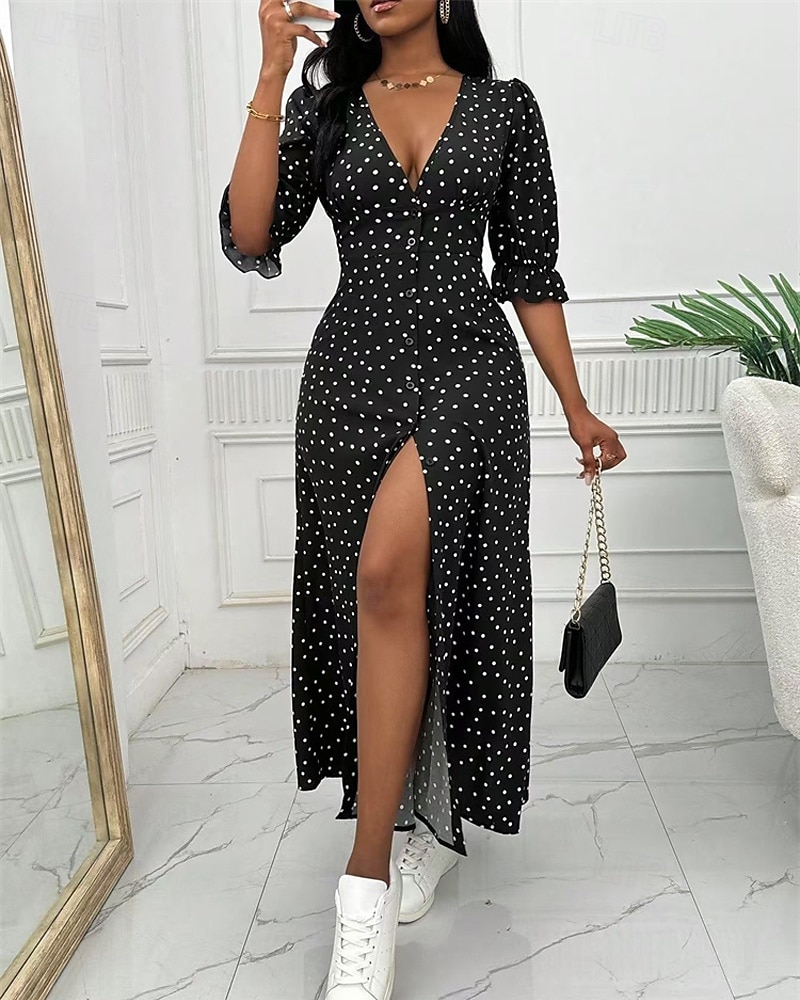 Femmes Robe Longue Maxi Robe Robe Décontractée Robe d'été Élégant Mode Extérieur Fête Date Coupe régulière À pois manche longue Col en V Noir Rouge Bleu Été Printemps de 2025 ? $30.99 –P3