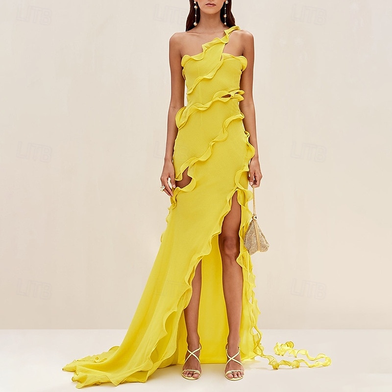Mermaid / Trumpet Yellow Dresses Ruffle Dress Semi Formal Wedding Guest Dress Asymmetrical Sleeveless One Shoulder with Slit 2025 - $99.99 –P1