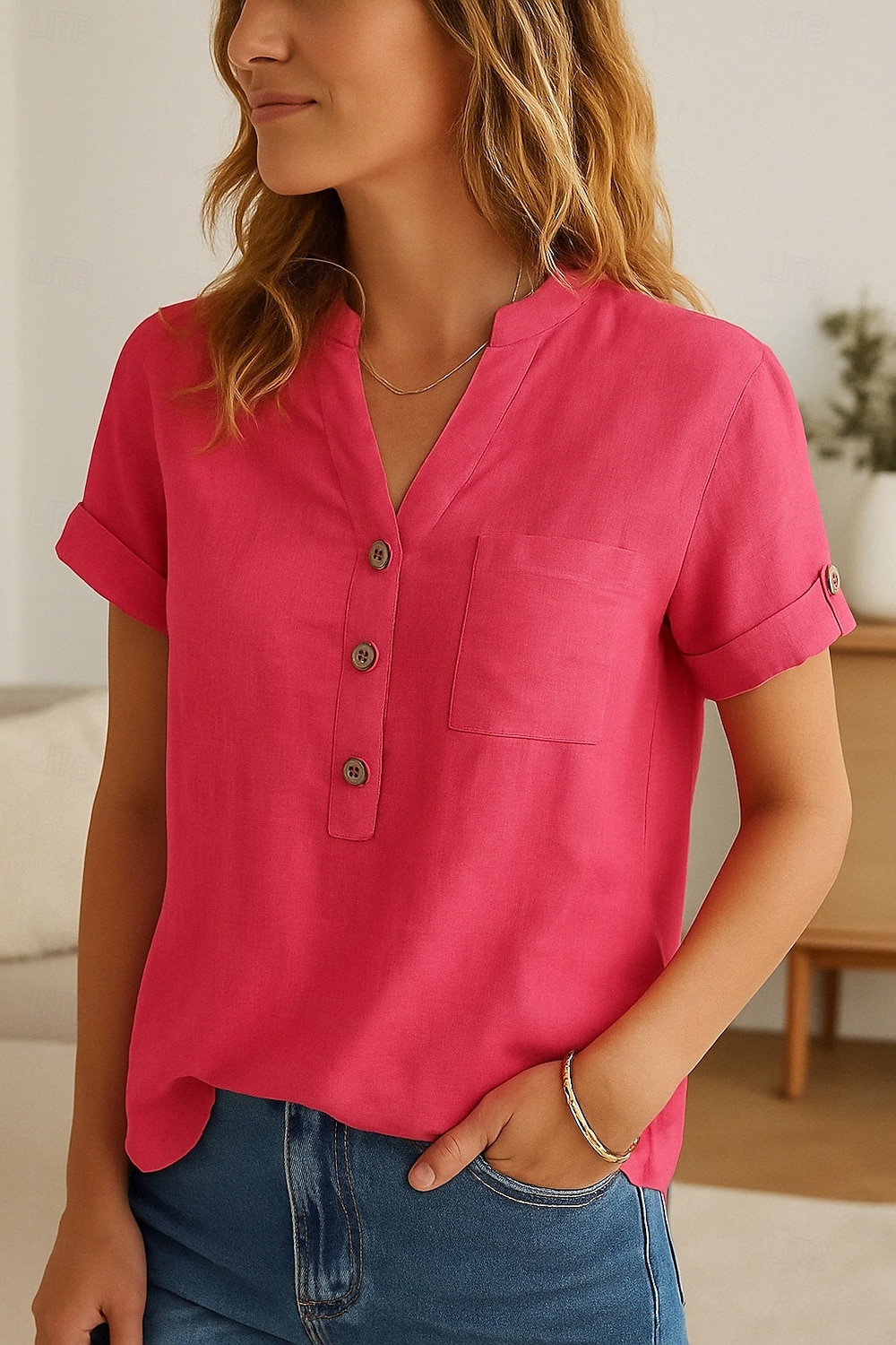 Dames Knoop omhoog Katoenen linnen overhemd Effen Stijlvol Modern Korte mouw V-hals Normale tops Dagelijks Feestdagen Knop Rood blauw Zomer 2025 - $25.99 –P2