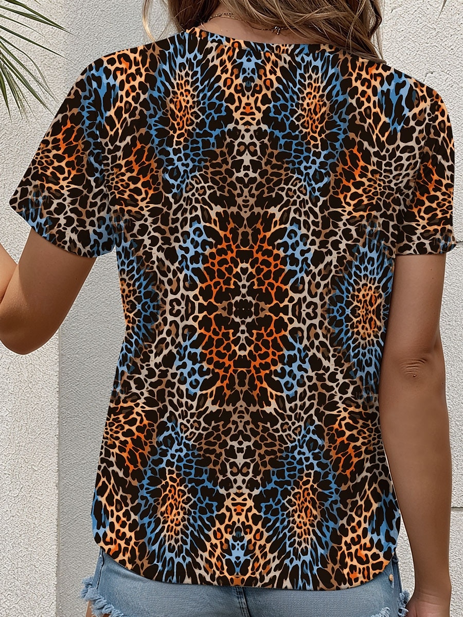 Dame T skjorte Grafisk Leopard Årgang Stilfull Fritid Kortermet Crew-hals Rund hals Vanlige topper Daglig Trykt mønster Blå Sommer Vår 2025 - $19.99 –P2