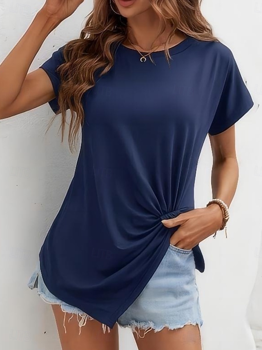 T-shirt femme de couleur unie Uni Mode Classique Décontracté Manches courtes Col rond Hauts réguliers Quotidien Week-end Asymétrique Noir Blanc Vert armée Bleu marine Été de 2025 ? $14.99 –P20