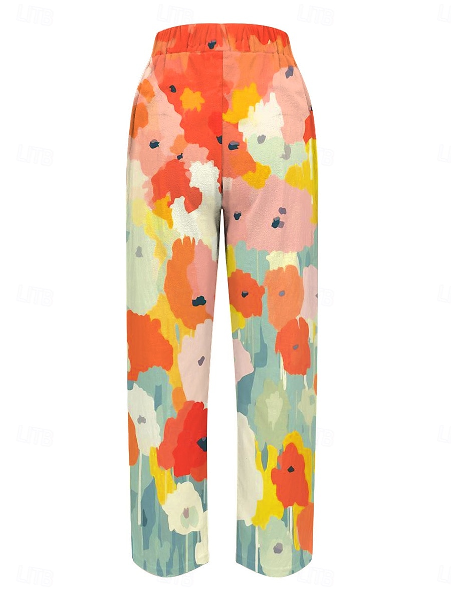 Kvinners Bomulls Lin Bukser Baggy Bukser Lin Lignende Ferie Uformell Full Lengde Midje Blomster Trykk Pustende Utendørs Komfortabel Mikro-elastisk Daglig Bruk Oransje Sommer Vår Høst Løs Fit 2025 - $32.99 –P2