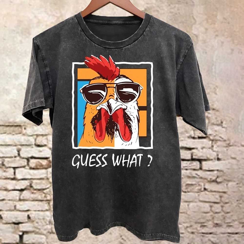 Herren Hahn Vintage T-Shirt Gewaschenes Hemd Baumwolle Kurzarm Grafik Hemd Schwarz Bequemes T-Shirt Straße Täglich Modedesigner-Kleidung 2025 - $15.99 –P1