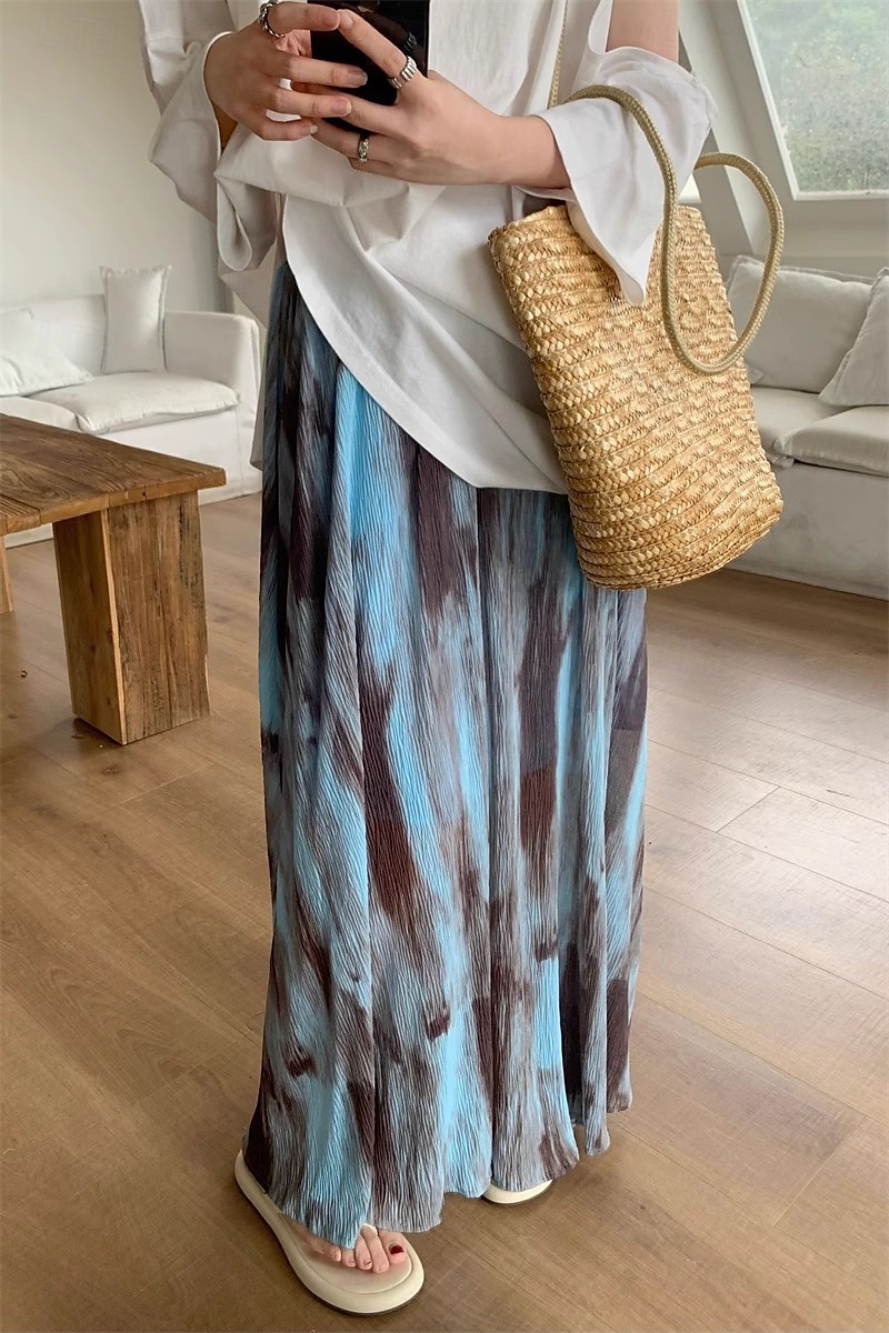 Pentru femei Fustă Epocă Boho Maxi Talie Medie Fuste Cravată Imprimeu Micro-elastic Vacanță Casul / Zilnic Negru Albastru piscină Vară Poliester 2025 - $22.99 –P5