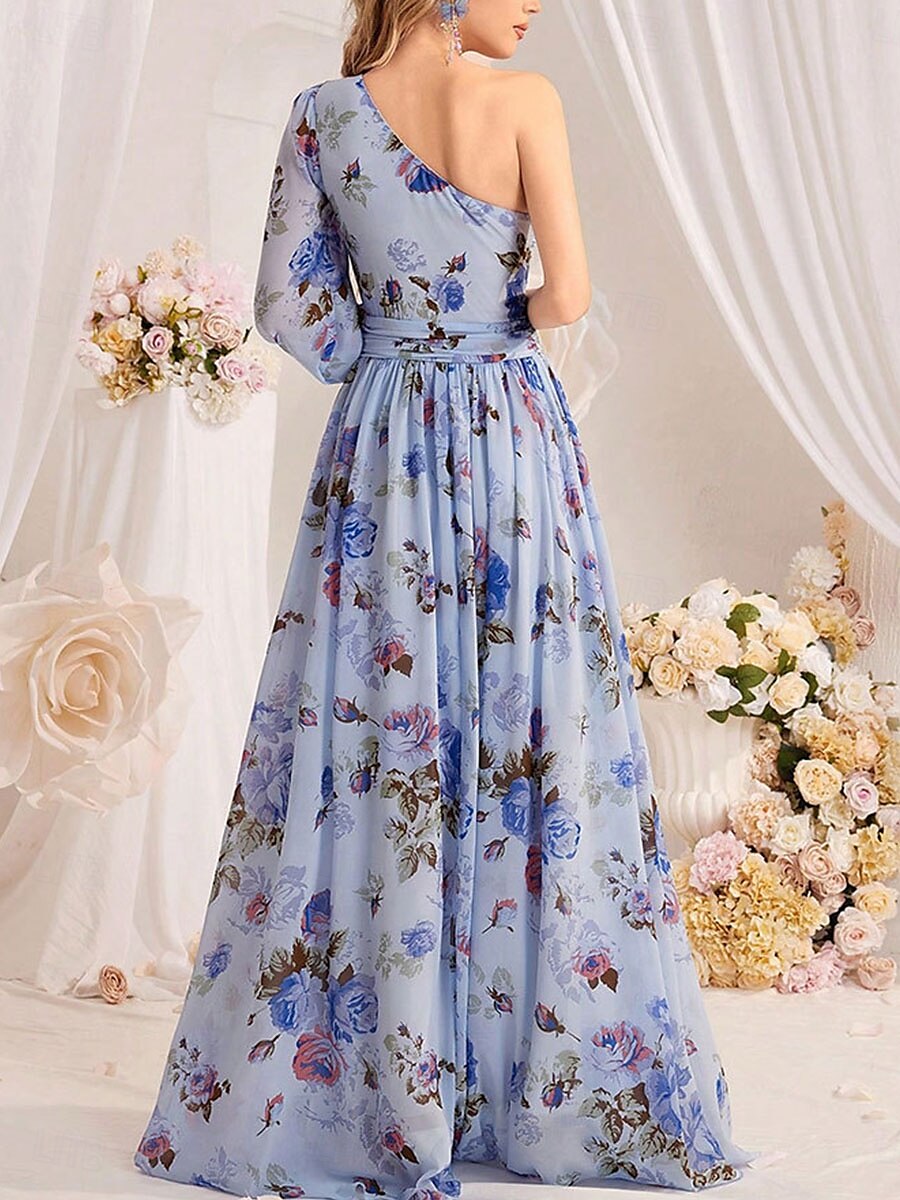 Brautjungfernkleider A-Linie Ein-Schulter Langarm Bodenlang Chiffon Brautkleider Mit Falten Floralprint 2025 - $79.99 –P6