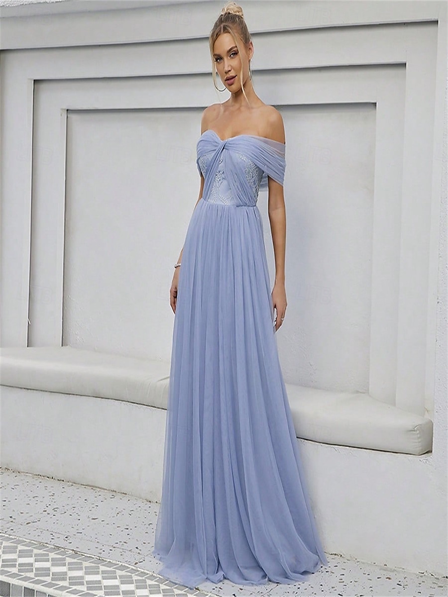 Linha A Vestido de Madrinha Ombro a Ombro Sem Manga Elegante Longo Tule com Cor Única 2022 de 2025 por $86.99 –P5