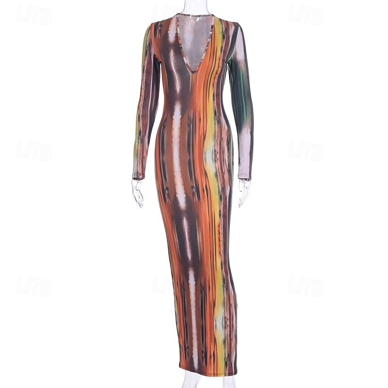 Per donna Abito Lungo Maxi Abito Vestito Casual Abito Boho Moda Moderno All'aperto Ferie Data Vestibilità regolare A righe Manica Lunga Scollo a V profondo Arancione Verde Grigio Estate Primavera del 2025 a $23.99 –P3