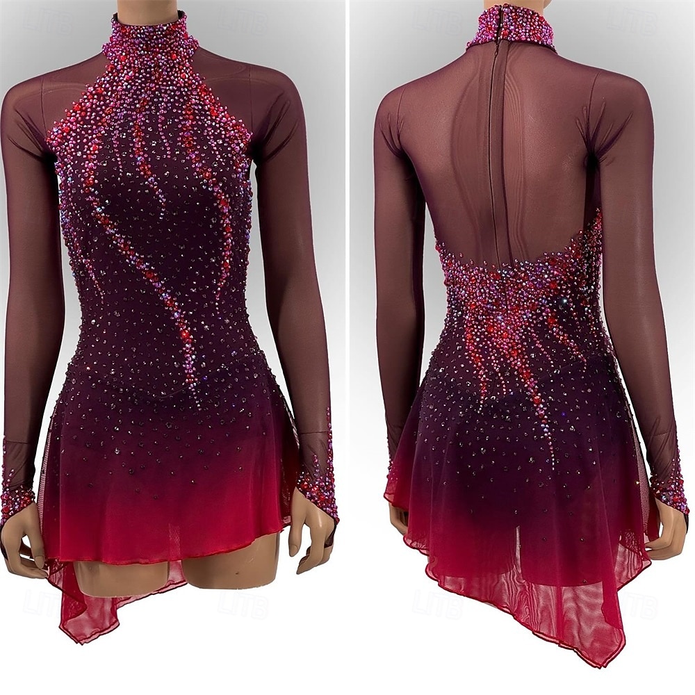 Kunstschaatsjurk Dames Voor meisjes Schaatsen Jurken Zwart / rood Duimopening Asymetrische zoom Netstof Hoge Elasticiteit Opleiding Wedstrijd Kunstschaatskleding Klassiek Kristal / Bergkristal Lange 2025 - $190.99 –P1