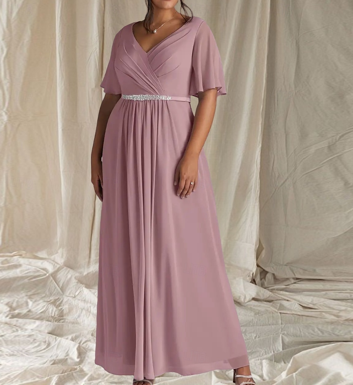 Rochii pentru Invitată la Nuntă în Formă de A Rochie Elegantă Invitată la Nuntă Lungime Până la Sol Mâneci Jumătate Guler în V Chiffon cu Pliseuri Ruching Mărgelare 2025 - $169.99 –P1