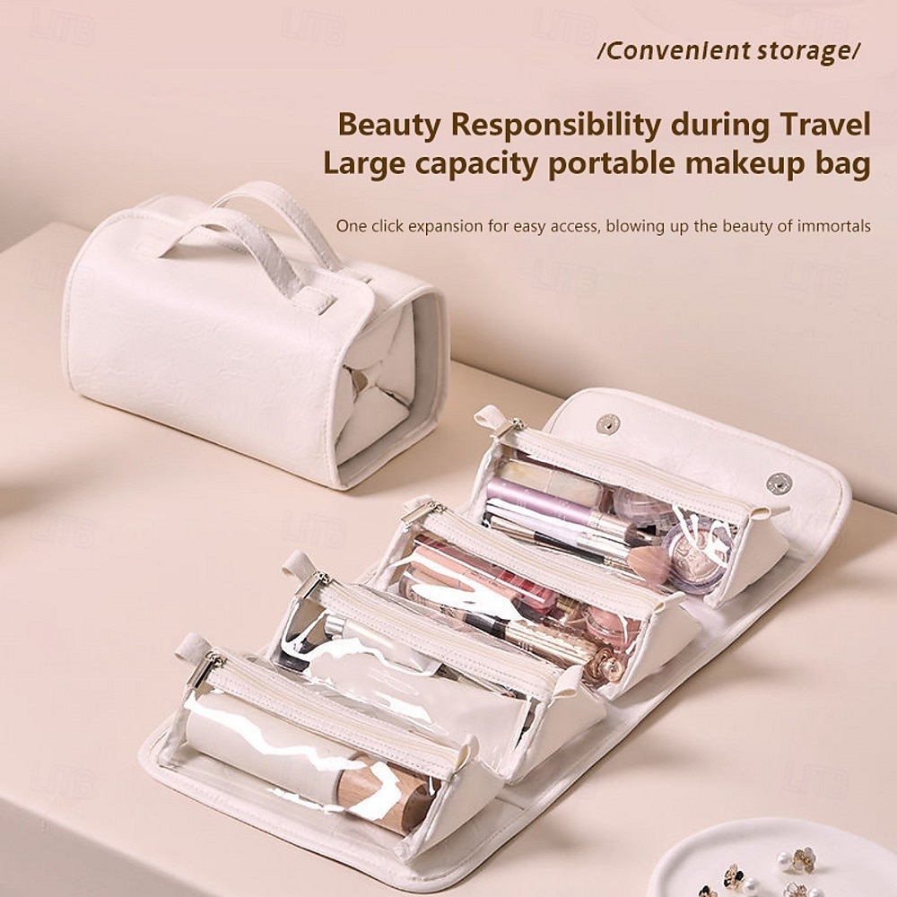 Bolsa de viaje de cuero para cosméticos, gran capacidad, portátil, para mujer, estuche de maquillaje, impermeable, organizador de maquillaje, bolsa de almacenamiento plegable 4 en 1, bolsa de aseo de 2025 - $15.49 –P3